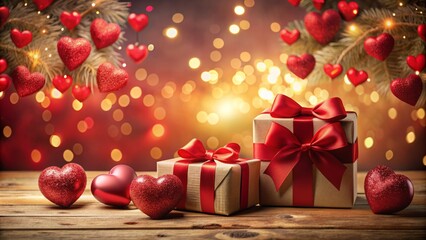 Romantic Valentine's Day gifts adorned with hearts and surrounded by a warm love-inspired background, featuring a blank space for custom messages or artwork.