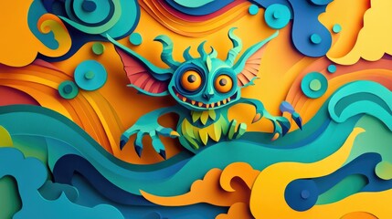 Obraz premium paper cut style illustration goblin colorful 3d filed green hills whimsical clouds