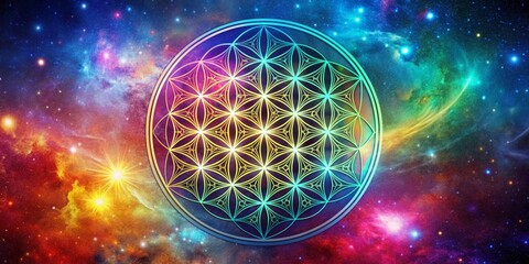 Vibrant Flower of Life symbol glows with sacred geometrical patterns amidst a stunning, starry galaxy background, evoking spiritual connection and cosmic harmony.