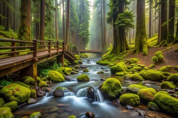 Obraz premium Majestic ancient rainforest surrounds a serene stream in Sol Duc Valley, Olympic National Park, Washington State, with a rustic wooden bridge and misty moss-covered trail.