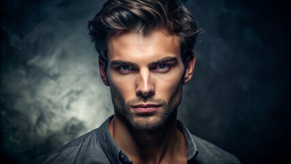 Obraz premium Moody shot of a fit and confident young man with a strong jawline, gazing intensely into the camera against a dark, mysterious backdrop.