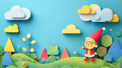 Obraz premium paper cut style illustration elf colorful 3d filed green hills whimsical clouds