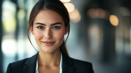 Obraz premium A high-resolution portrait of a young businesswoman in a sleek suit, smiling and looking directly at the camera, with her face clearly highlighted and well-lit.