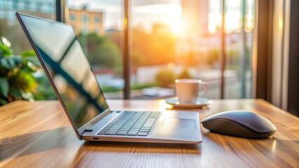 A close-up shot of a laptop on a desk in front of a blurred background, with a ergonomic mouse and keyboard promoting good computer posture.