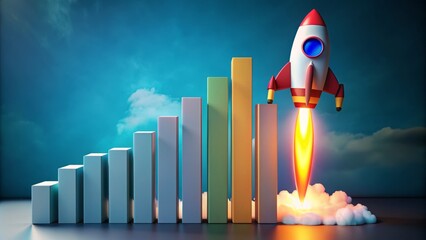 A colorful rocket ship blasts off from a bar graph, symbolizing rapid sales growth and success in a dynamic and competitive business environment.