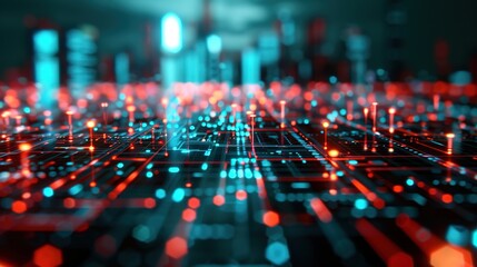 Fototapeta premium Cyber Metropolis: Futuristic Cityscape with Interconnected Digital Network, Metaverse Exploration in Global Internet Hub