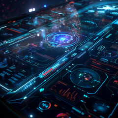 Obraz premium A futuristic technology interface with holographic displays and data visualizations floating in mid-air