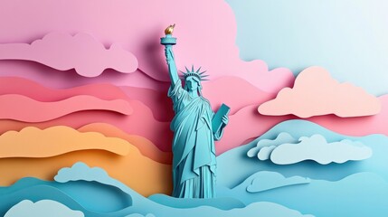 paper cut style illustration Statue of Liberty colorful 3d whimsical clouds