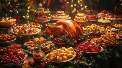 Festive Christmas Food Spread Featuring a Delicious Array of Traditional Dishes