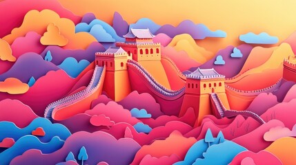 paper cut style illustration Great Wall of China colorful 3d whimsical clouds
