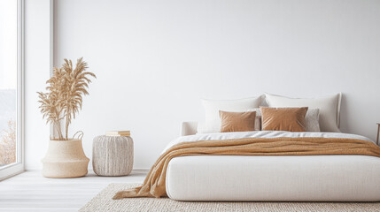 Modern Scandinavian luxury bedroom interiors with an elegant bed and minimal decoration next to a large window.