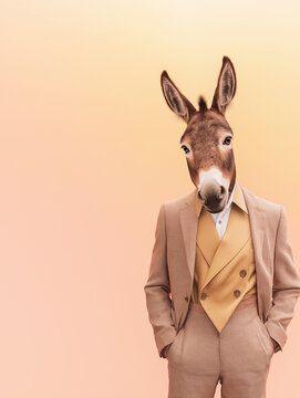 A humorous abstract portrait of a donkey dressed as a businessman, standing confidently and posing in modern attire.
