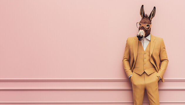 A humorous abstract portrait of a donkey dressed as a businessman, standing confidently and posing in modern attire.