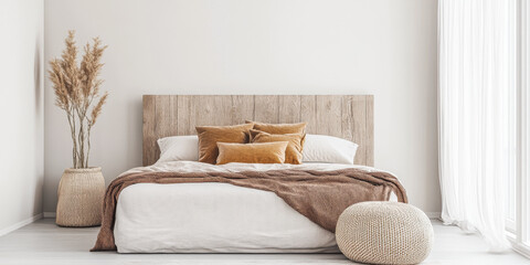 Modern Scandinavian luxury bedroom interiors with an elegant bed and minimal decoration next to a large window.