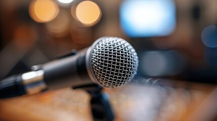 Obraz premium Close-Up Of A Silver Microphone On A Wooden Table With Blurred Background Lights