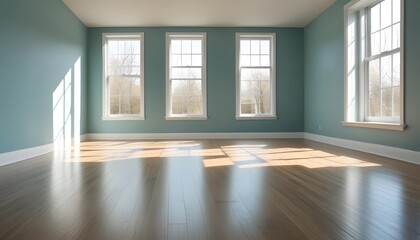 Empty room with large windows, hardwood floors, and white walls