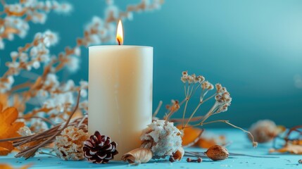 Aromatic candle with diverse components on blue backdrop