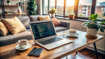 A modern laptop sits open on a cluttered desk in a cozy living room, surrounded by empty coffee cups and scattered notes, coding work in progress.