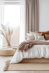 Modern Scandinavian luxury bedroom interiors with an elegant bed and minimal decoration next to a large window.