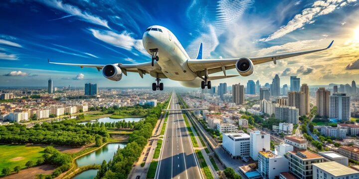 A modern Airbus A350-941 jetliner descends towards runway at Ho Chi Minh International Airport on a sunny day, showcasing urban landscape and distant skyscrapers.