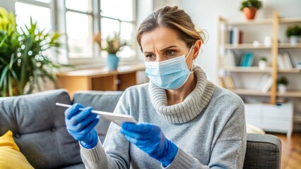 A person wearing a face mask and gloves, holding a digital thermometer and a COVID-19 rapid test kit, conducting self-screening at home.