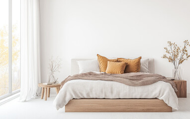 Fototapeta premium Modern Scandinavian luxury bedroom interiors with an elegant bed and minimal decoration next to a large window.