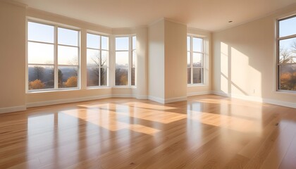 Obraz premium Empty room with large windows, hardwood floors, and white walls