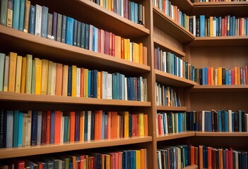 A large wooden bookshelf filled with various books in a library or study