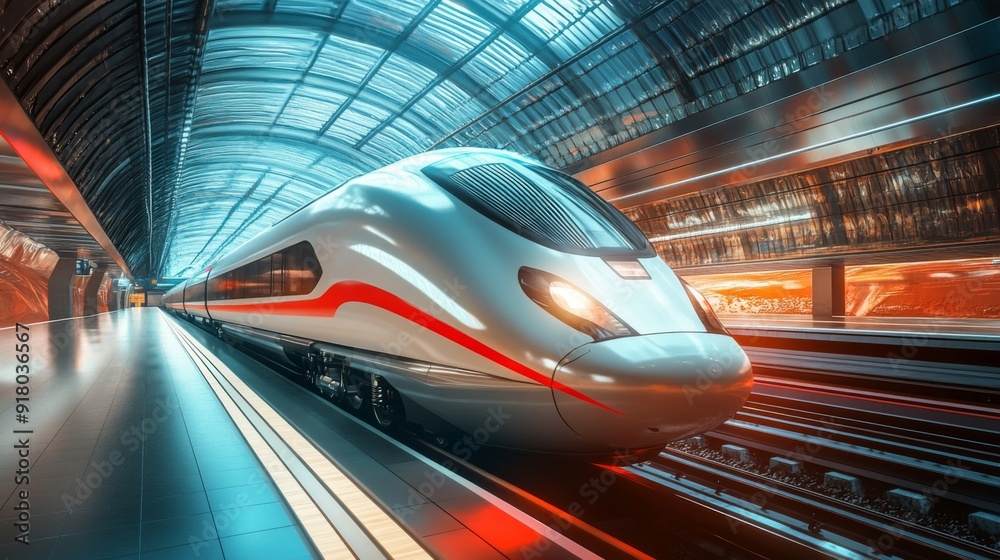 Poster a panoramic view of a high-speed train arriving at a futuristic station, with a focus on the sleek d