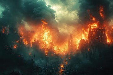 postapocalyptic urban landscape desolate city street engulfed in flames and smoke eerie atmosphere with distant explosions perfect for a catastrophe film poster