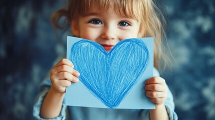 Little Girl Holding a Blue Heart Drawing