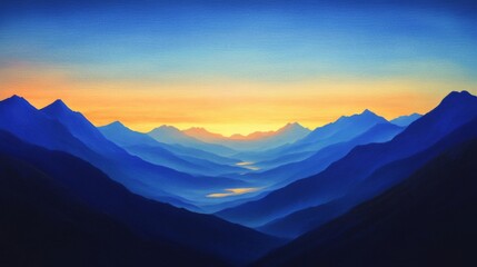 Fototapeta premium A panoramic view of a mountain range bathed in the warm, golden light of the rising sun, with the sky transitioning from dark blue to bright hues of morning.