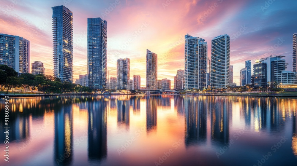 Aufkleber a panoramic view of tall skyscrapers reflecting in a river at sunset, with the city skyline illumina