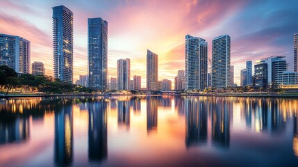Fototapeta premium A panoramic view of tall skyscrapers reflecting in a river at sunset, with the city skyline illuminated and the water creating a stunning mirror effect.