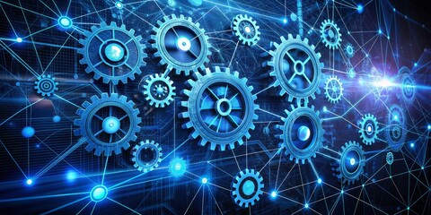 Obraz premium Abstract illustration of internal control concept featuring a network of gears, lines, and nodes, symbolizing efficient data management and secure digital infrastructure.