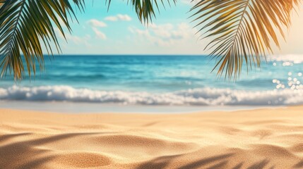 Tropical Paradise Beach with Palm Trees and Golden Sand, Perfect for Summer Vacation or Travel Advertisement Generative AI