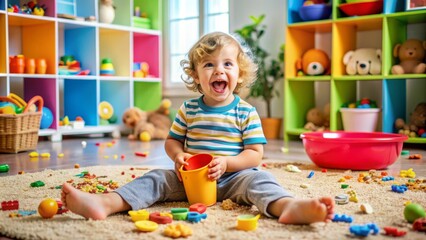 Fototapeta premium Adorable little one surrounded by scattered toys, crumbs, and spilled juice, sitting in the midst of a colorful playroom chaos, with a big smile.