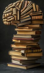 The Power of Knowledge: A Towering Stack of Books Forming a Brain Design, Symbolizing Wisdom, Education, and the Pursuit of Learning.