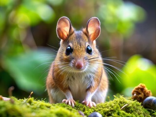 Adorable small rodent with slender body, bushy tail, and large eyes, showcasing soft silky fur in various thicknesses and colors, surrounded by nature.