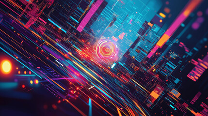 Obraz premium 3d rendering. Abstract futuristic city background. Virtual reality. Cyber ​​security. Electronics. Network. Cryptography. Quantum computer. Technology, communication, education and science project