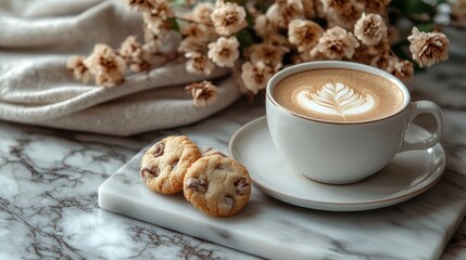 Cozy Morning Coffee Setup with Cookies and Flowers on Marble Background Generative AI