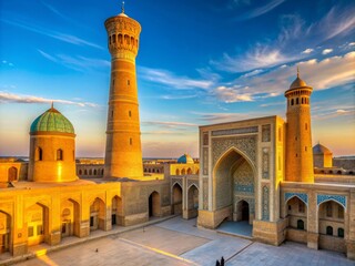 Fototapeta premium Ancient Islamic architecture shines in the historic Po-i-Kalyan Complex, featuring the majestic Kalyan Minaret and impressive Kalan Mosque in Bukhara, Uzbekistan.