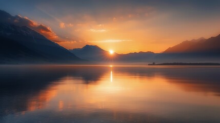 Sunset Over Serene Lake Surrounded by Mountains in Tranquil Landscape