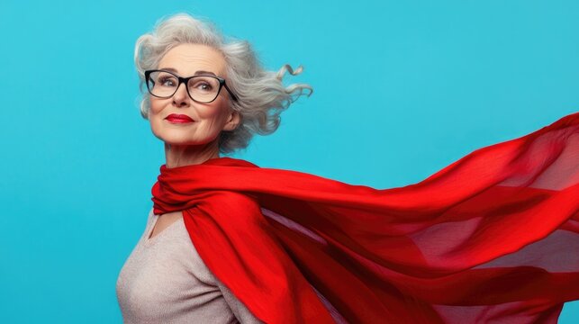 Portrait of her she nice attractive strong powerful cheerful cheery glad gray-haired lady wearing red costume super granny on blue background.