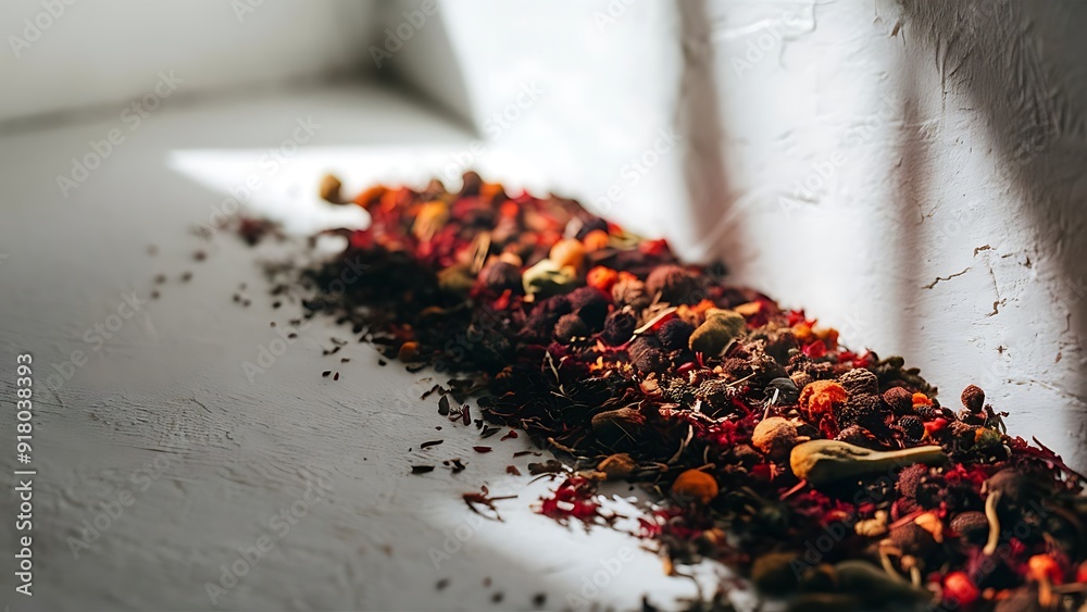 Wall mural Aromatic Blend of Colorful Dried Spices Spread on the Surface