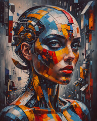 Digital illustration of a female cyborg head. 3D rendering.