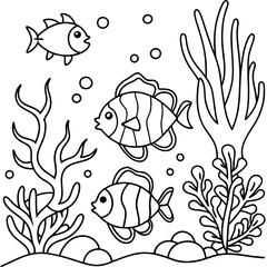 underwater theme with fish, sea creatures, seaweeds and corals on colouring page for kids on vector illustrations