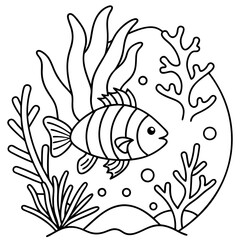 underwater theme with fish, sea creatures, seaweeds and corals on colouring page for kids on vector illustrations