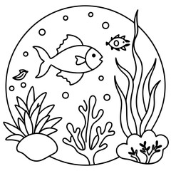 underwater theme with fish, sea creatures, seaweeds and corals on colouring page for kids on vector illustrations