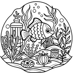 underwater theme with fish, sea creatures, seaweeds and corals on colouring page for kids on vector illustrations